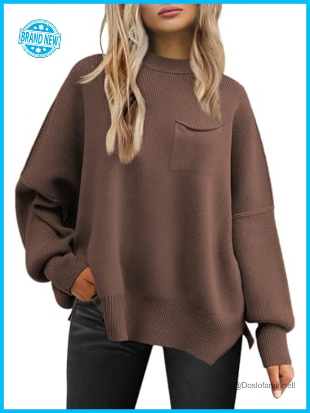 Oversized Ribbed Knit Sweater Pullover Crewneck Batwing Long Sleeve